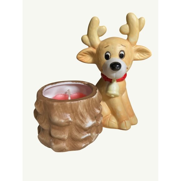 Reindeer Ceramic Candle Holder With Red Accent - Picture 1 of 10